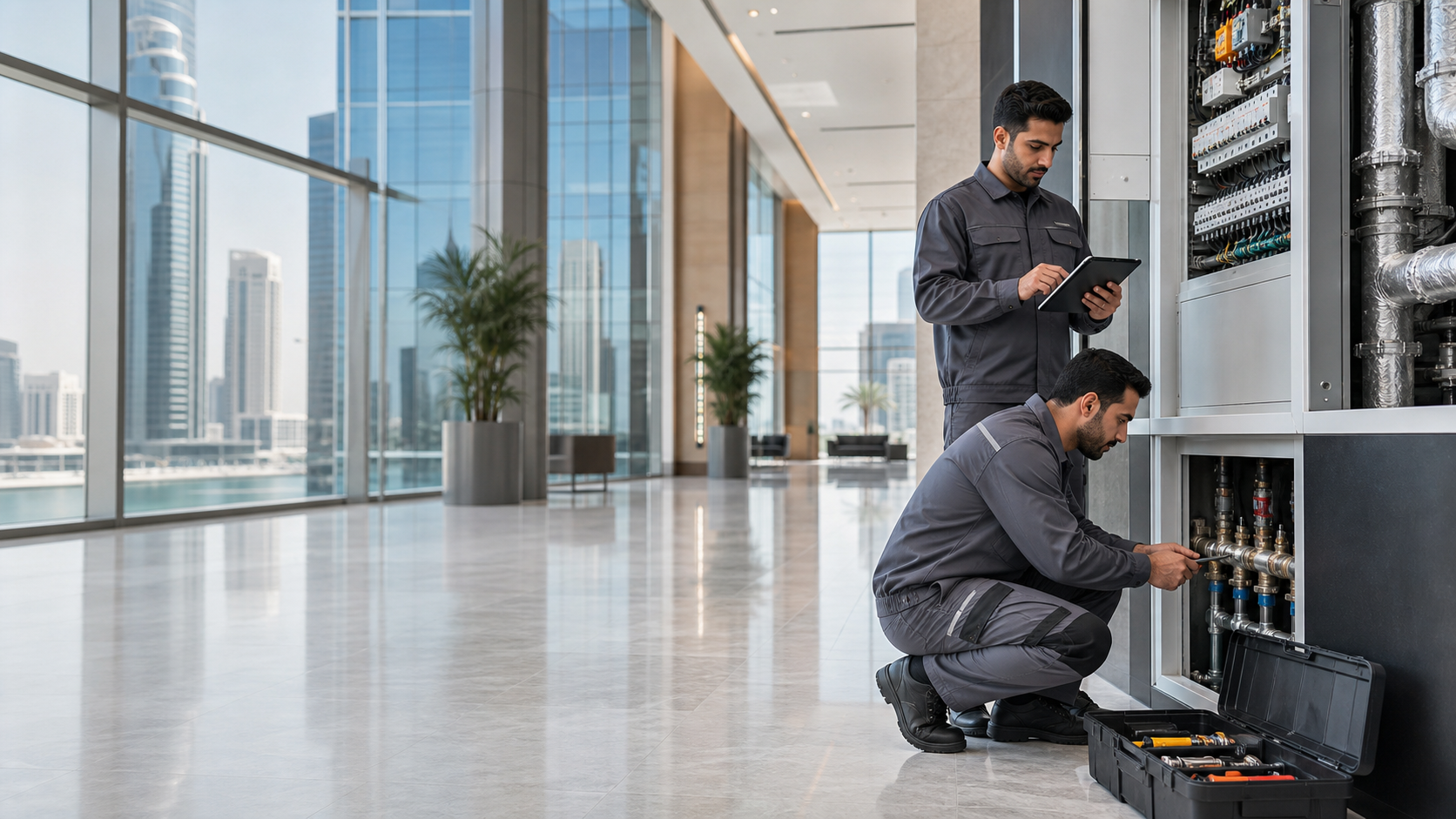 Commercial building maintenance Business Bay Dubai technicians inspecting MEP systems