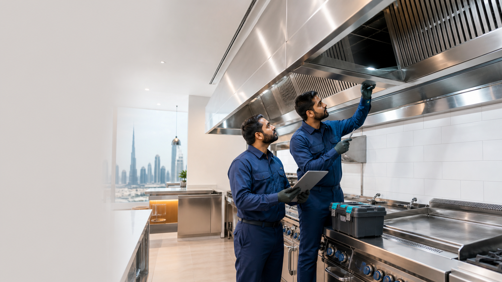 Kitchen Exhaust Maintenance Dubai: 7 Essential Checks for Restaurants and Hotels 1 Kitchen exhaust maintenance Dubai technicians inspecting a commercial kitchen hood