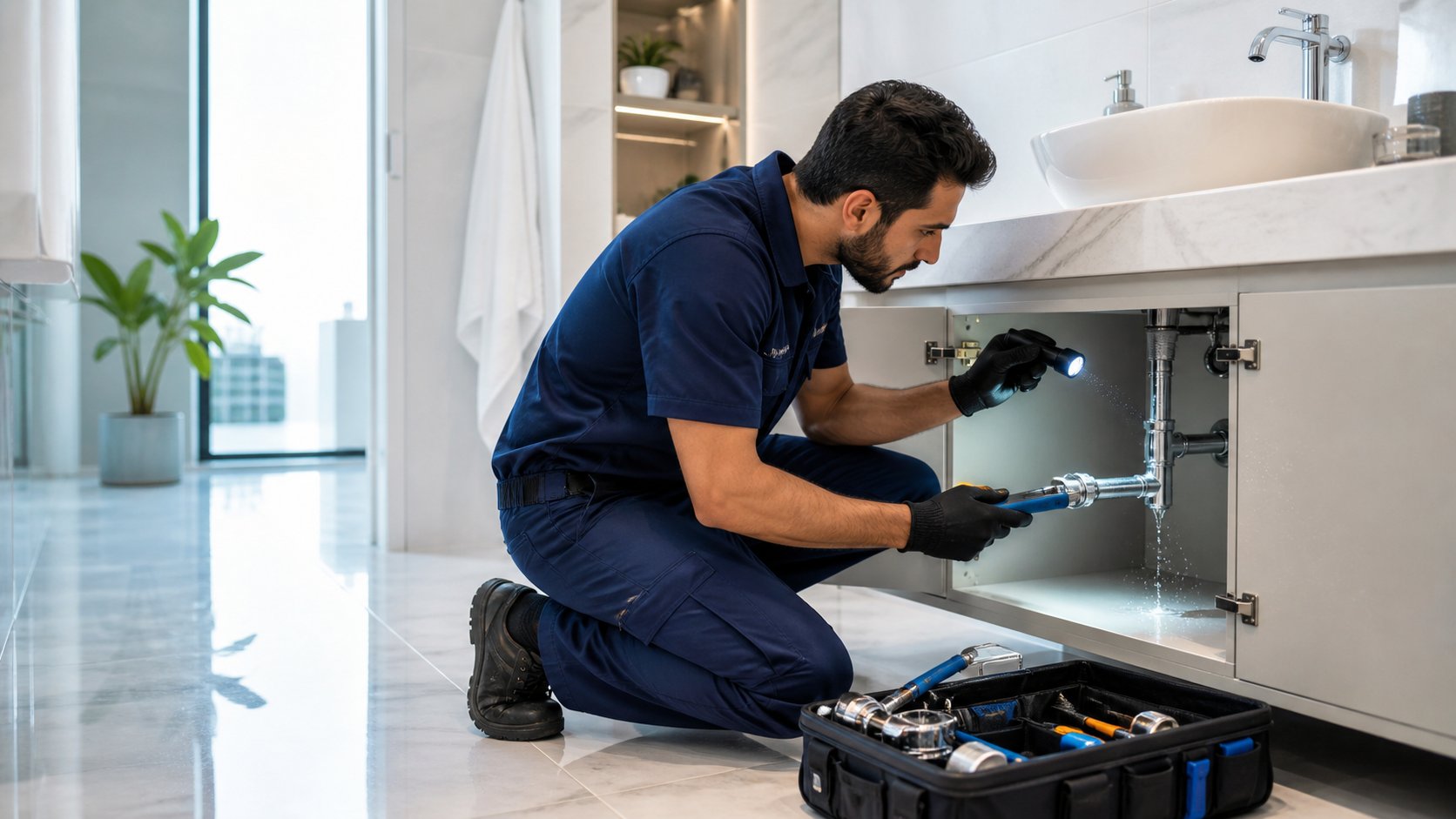 Water leak repair Dubai technician inspecting sink pipe leak in villa bathroom