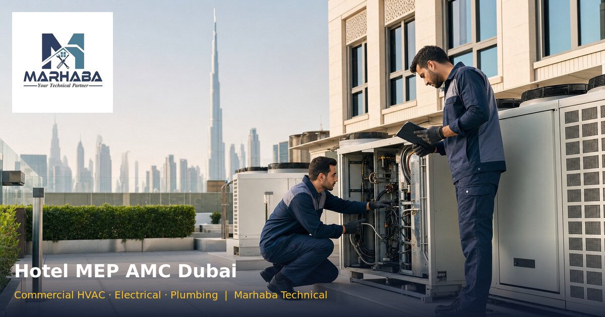 Hotel MEP AMC Dubai: Complete Guide to Commercial MEP Maintenance Contracts 2026 2 Hotel MEP AMC Dubai featured image with Marhaba Technical logo — commercial HVAC, electrical and plumbing maintenance for hotels