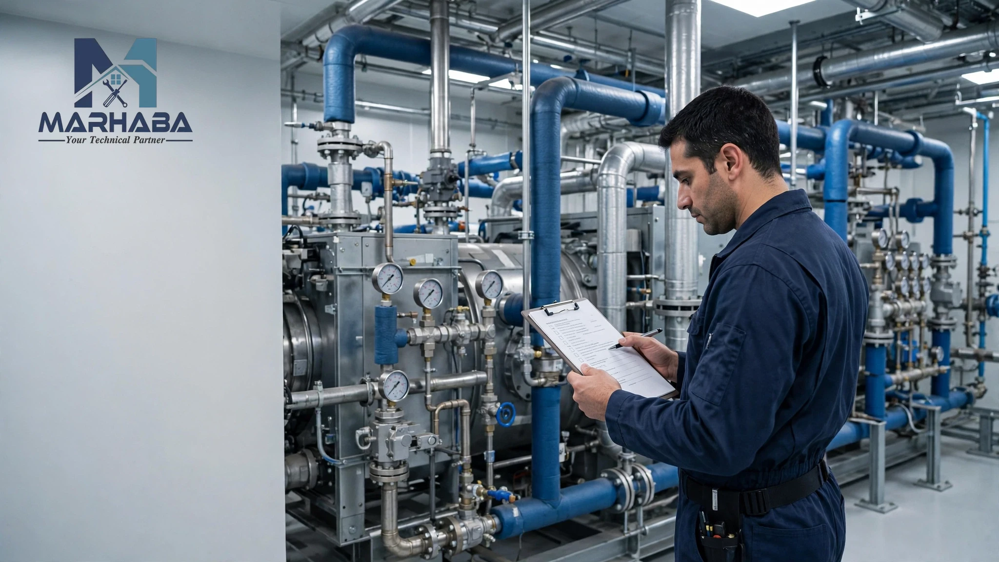 Engineer completing an AC AMC inspection checklist in a commercial chiller plant room, Dubai