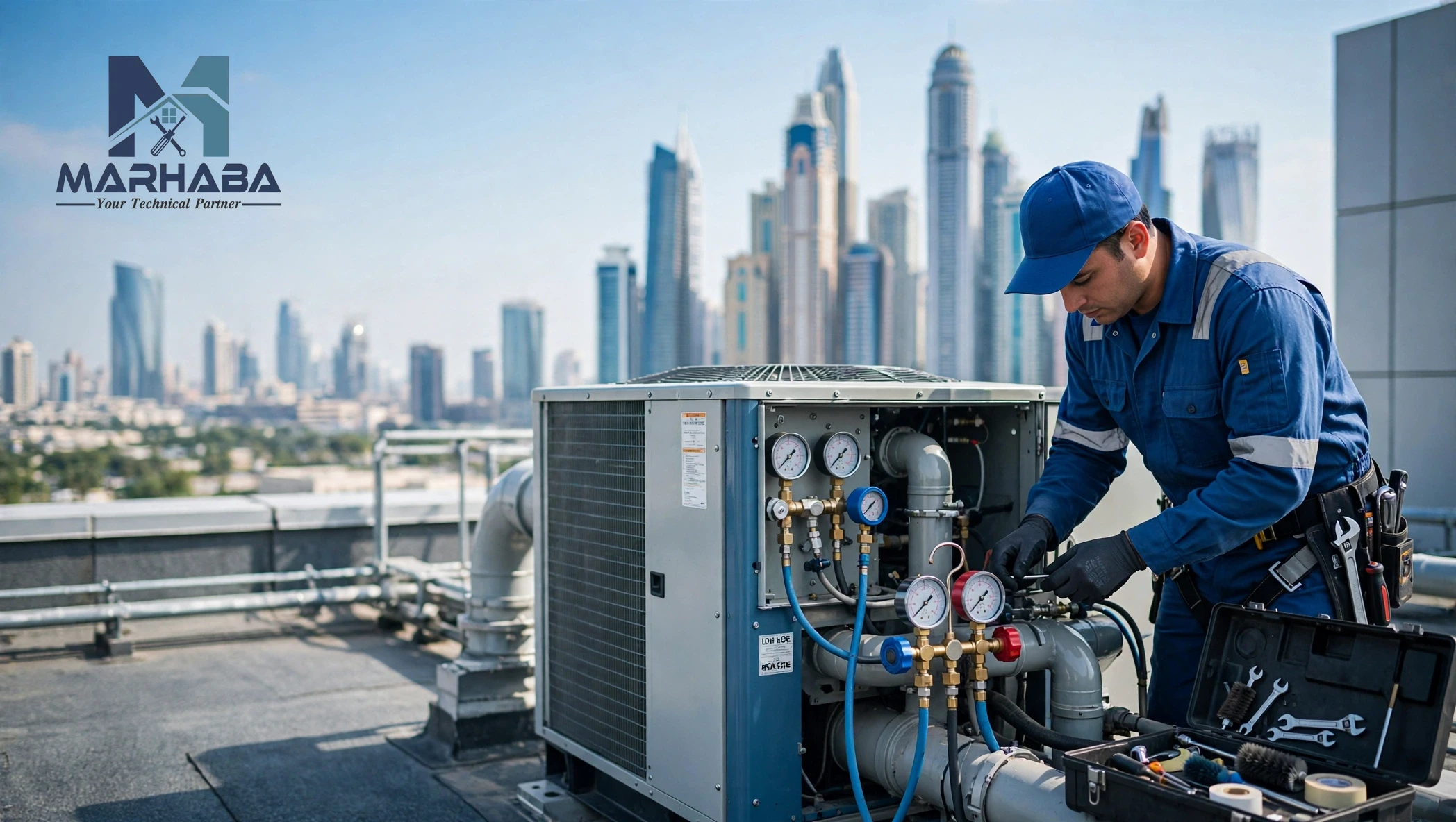 Technician servicing a rooftop commercial AC unit in Dubai — AC maintenance cost Dubai guide