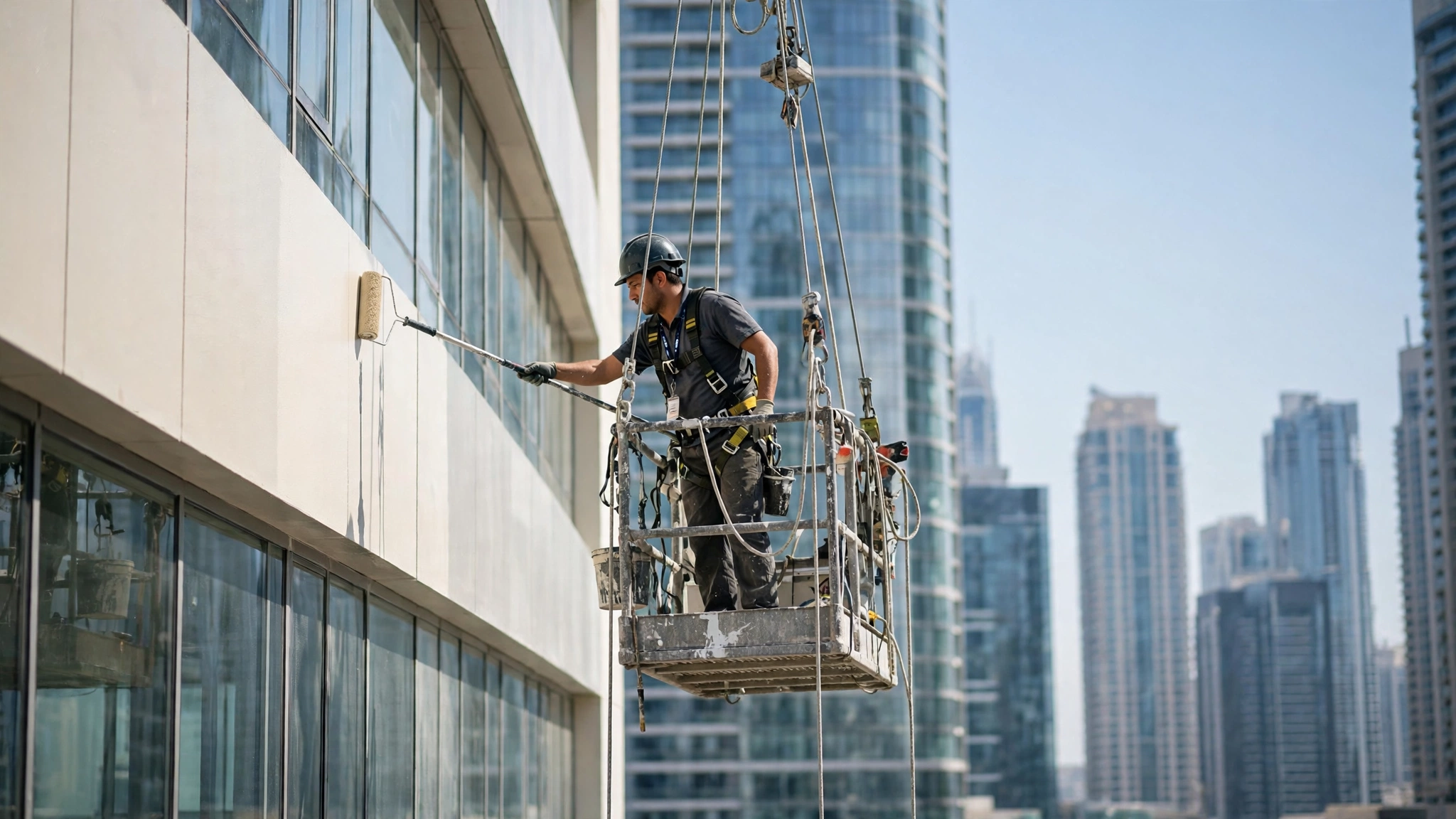 Commercial Painting Dubai (2026): Building Owner'S Repainting Guide 2 Commercial painting in Dubai: painter on a suspended cradle applying exterior coating to a tower facade