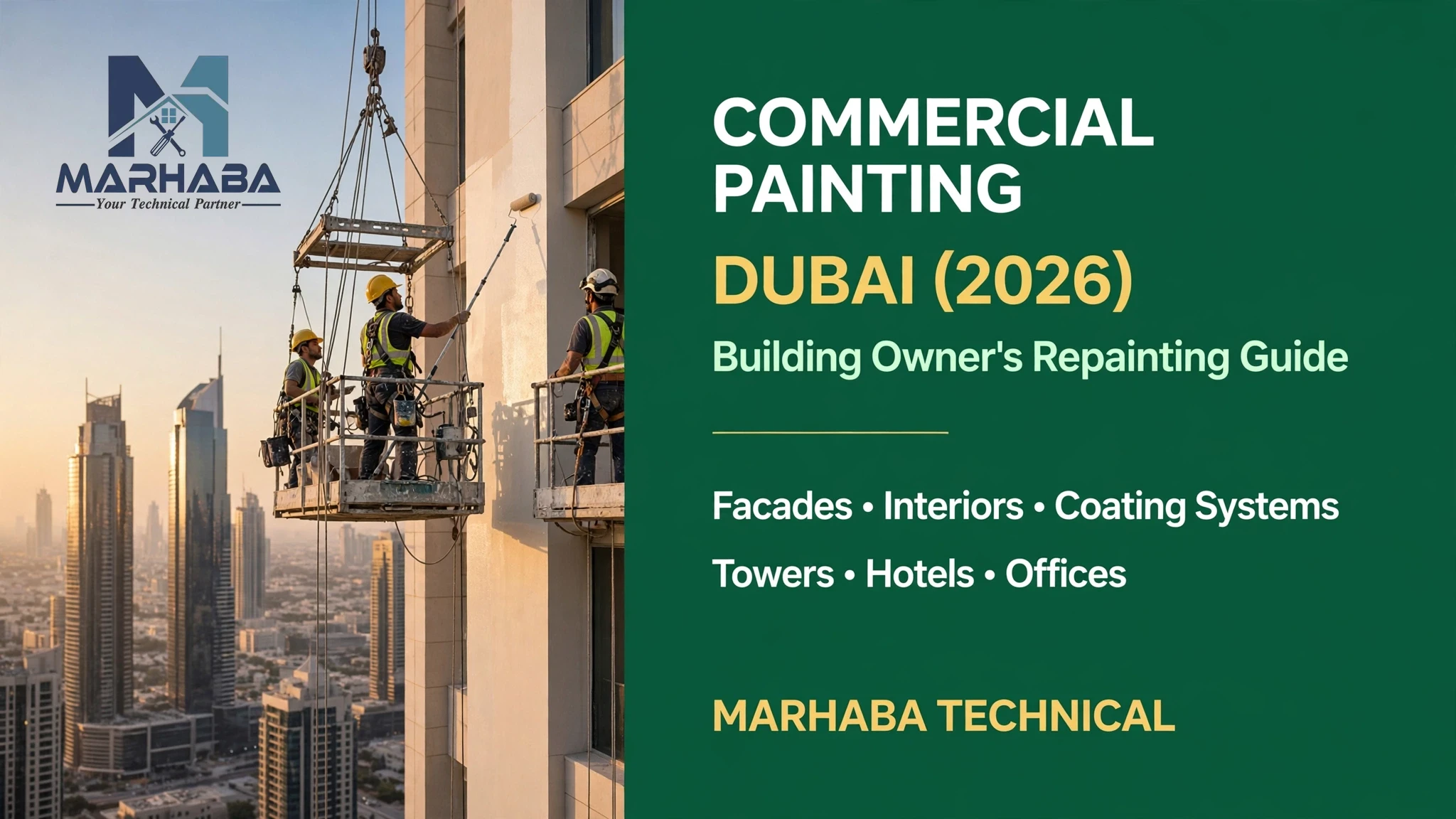 Commercial painting in Dubai - painters repainting a tower facade, Marhaba Technical guide