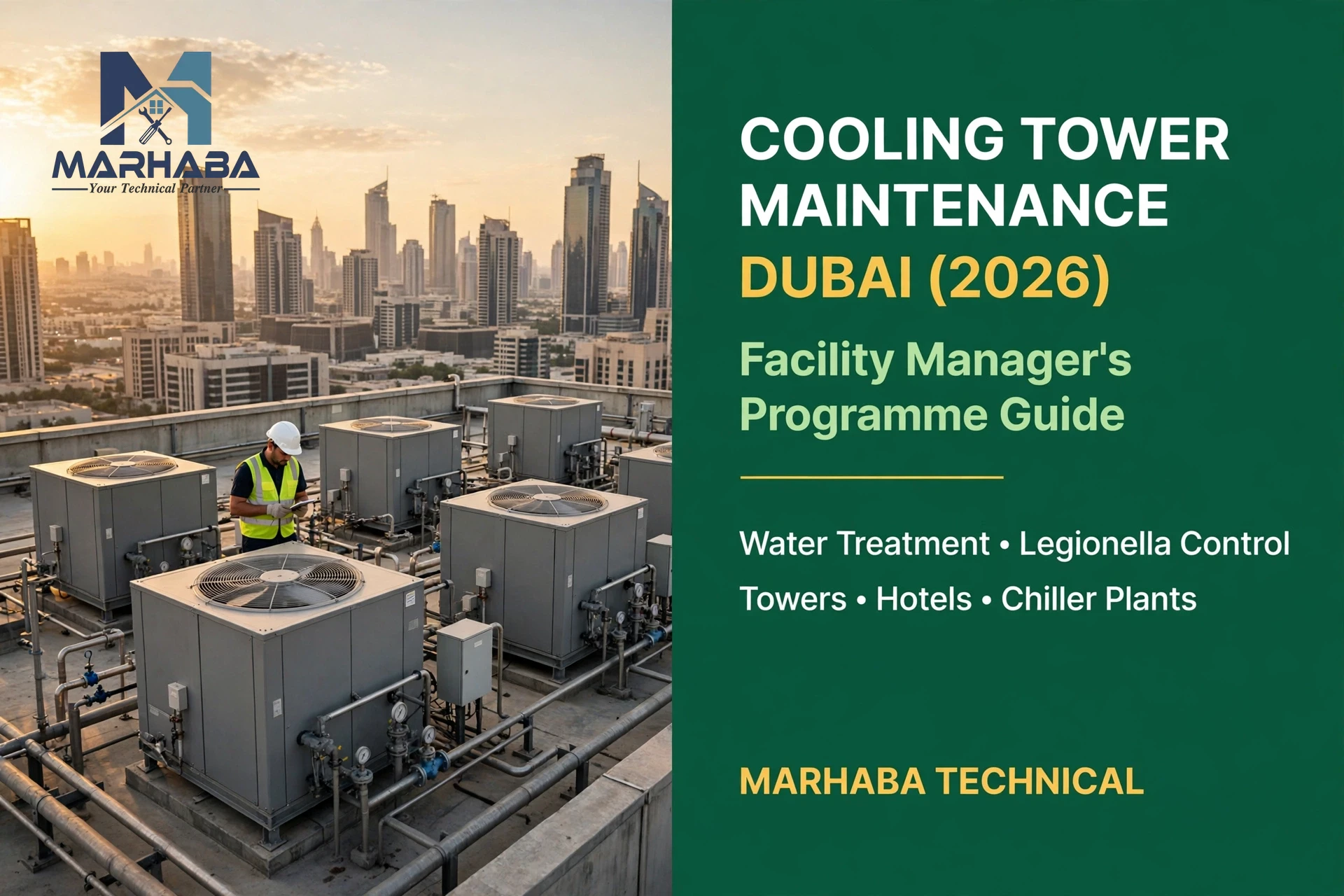 Cooling tower maintenance in Dubai - rooftop towers serviced under Marhaba Technical programme