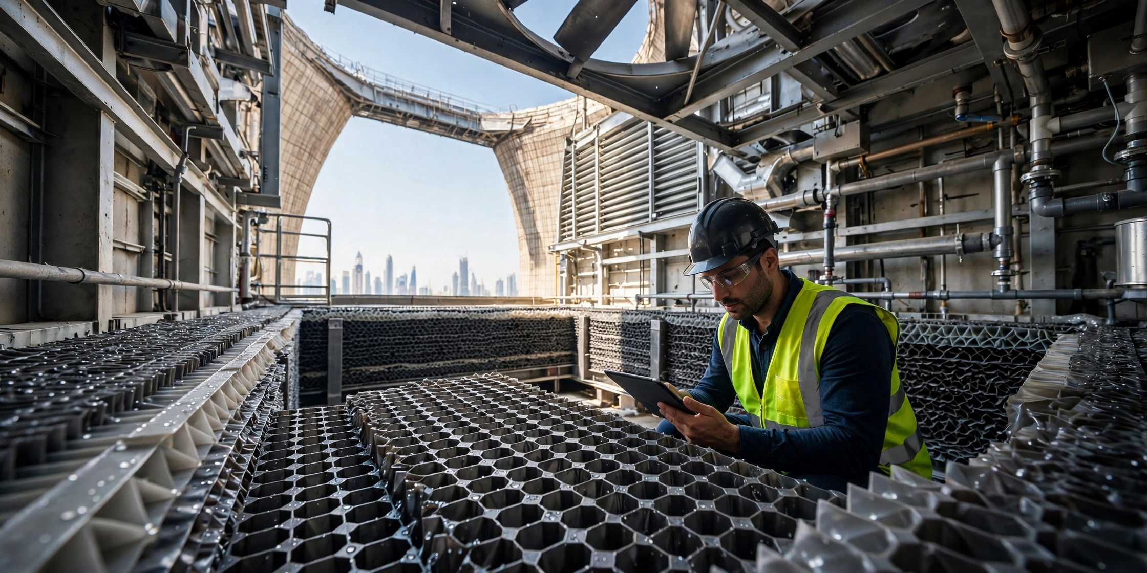 Cooling tower maintenance in Dubai: technician inspecting fill media and fan deck on a rooftop tower