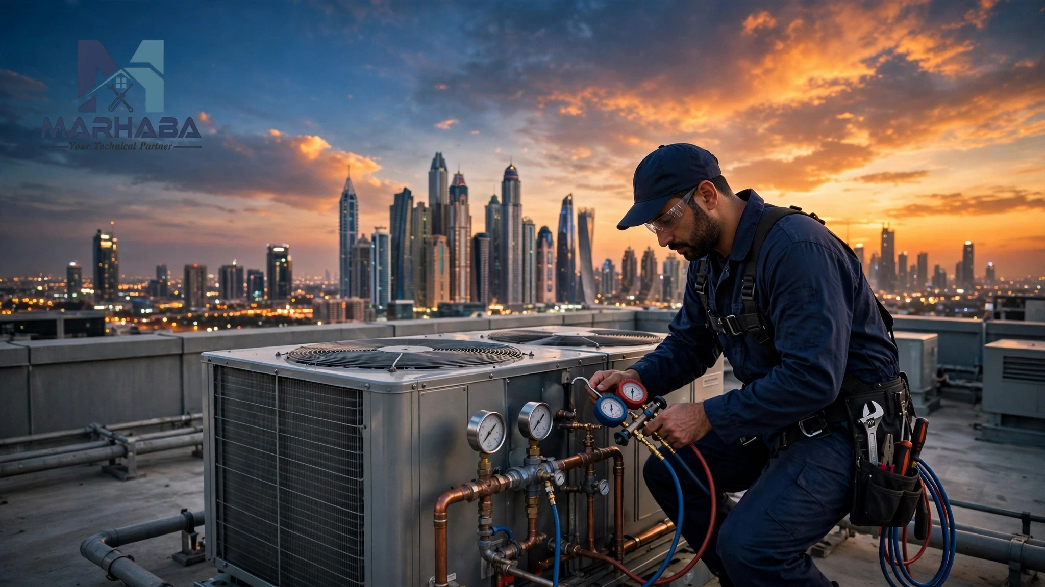 HVAC technician performing emergency AC repair on a Dubai commercial rooftop at dusk