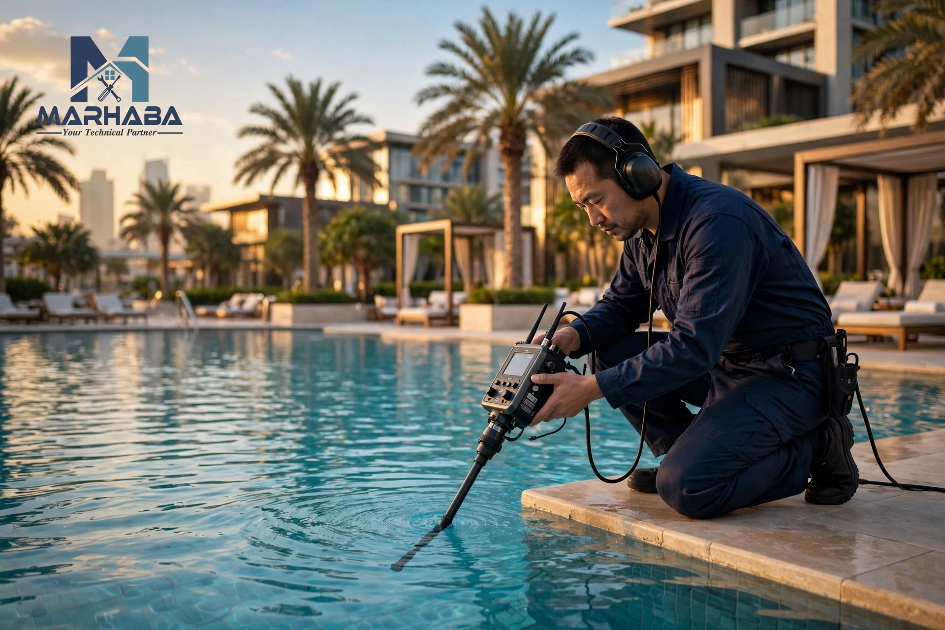 Technician performing pool leak detection at a Dubai hotel pool with acoustic listening equipment