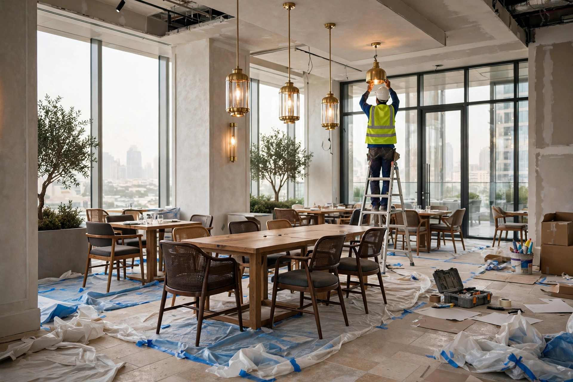 Restaurant renovation in Dubai: worker installing pendant lighting in a dining area during fit-out