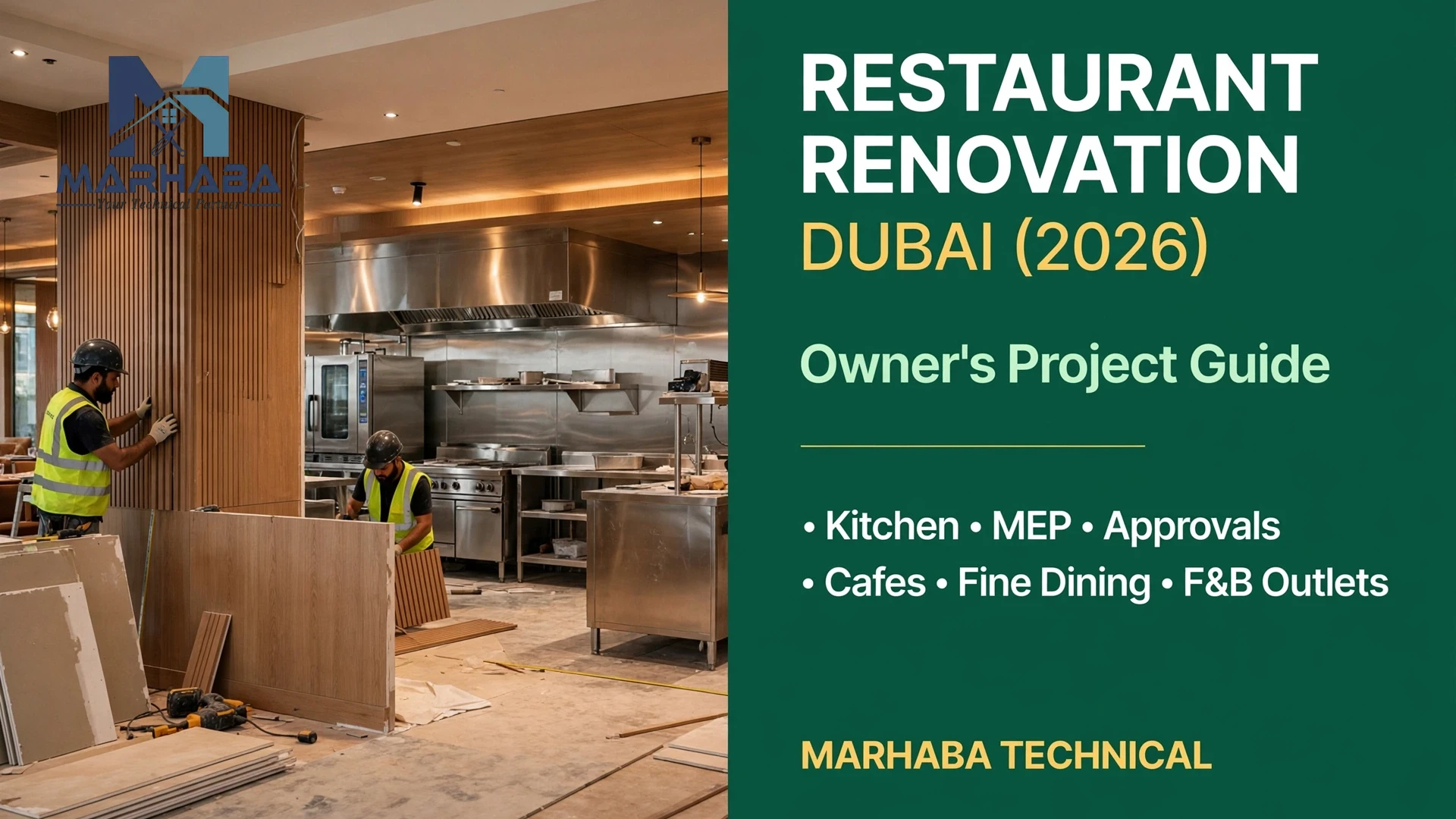 Restaurant renovation Dubai - workers fitting out a restaurant dining area and commercial kitchen, Marhaba Technical guide