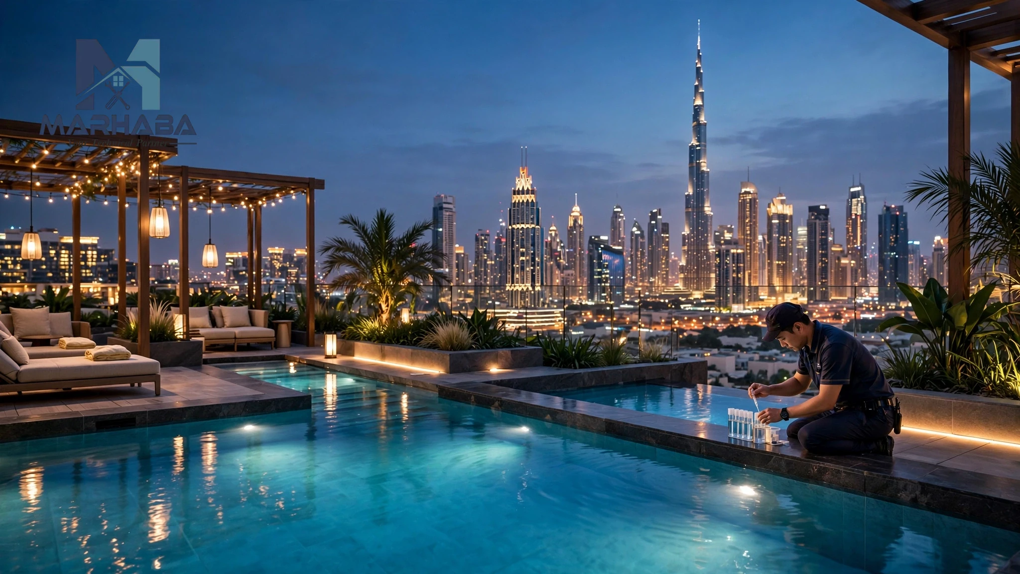 Technician testing water at a hotel rooftop swimming pool in Dubai at dusk