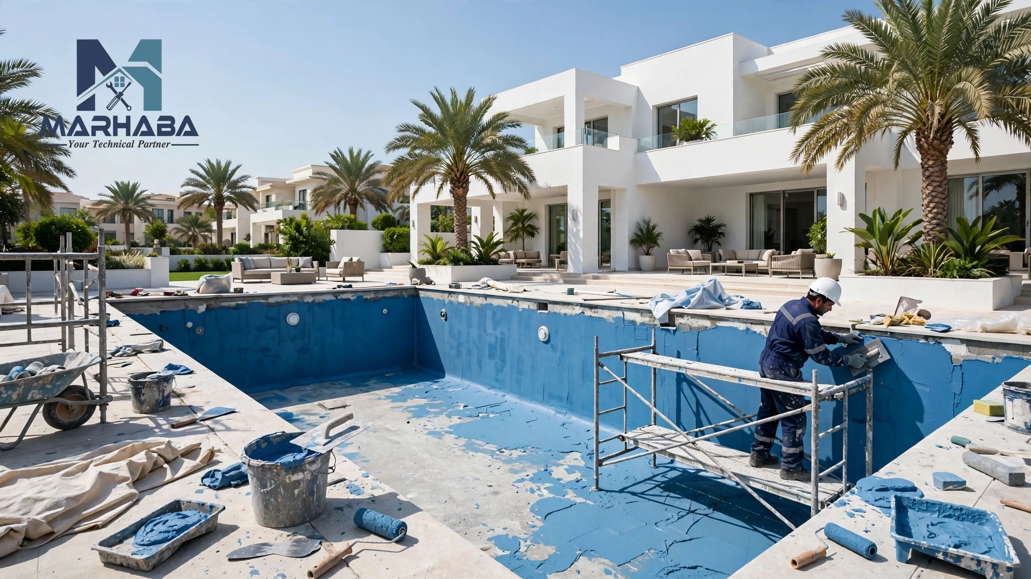 Worker applying new blue quartz plaster finish to a swimming pool shell during resurfacing in Dubai
