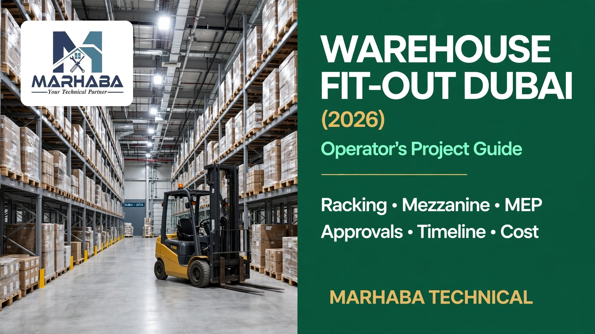 Warehouse fit out Dubai: racking aisles, forklift and Marhaba Technical branding