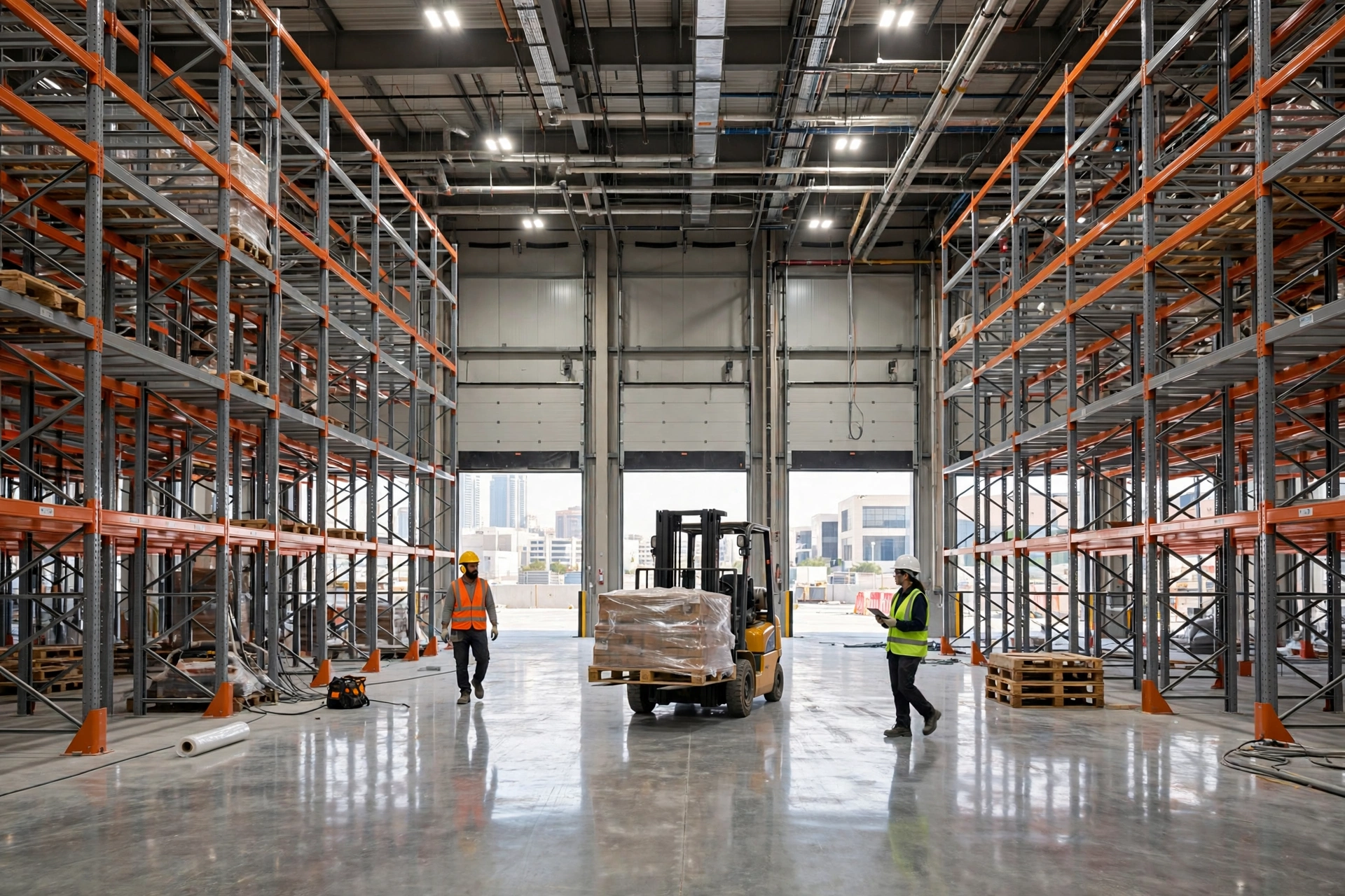 Warehouse fit out Dubai: racking aisles, forklift and epoxy floor during a warehouse fit-out