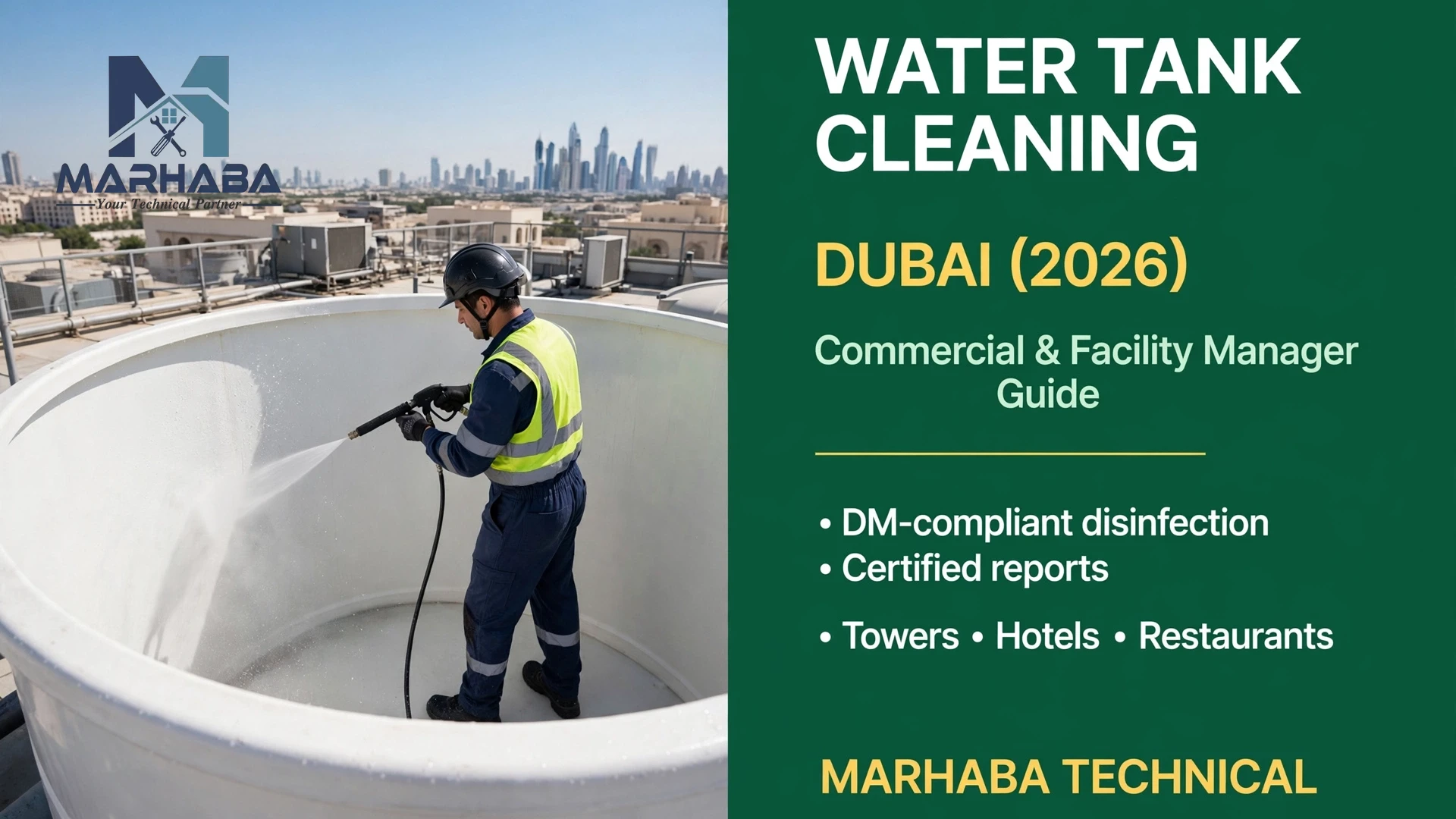 Water tank cleaning Dubai - technician pressure washing a commercial rooftop water tank, Marhaba Technical guide